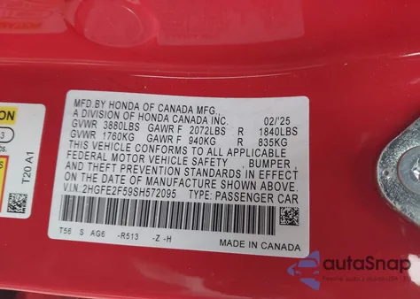 2025 Honda Civic Sport z USA, uszkodzony, nr VIN 2HGFE2F59SH572095